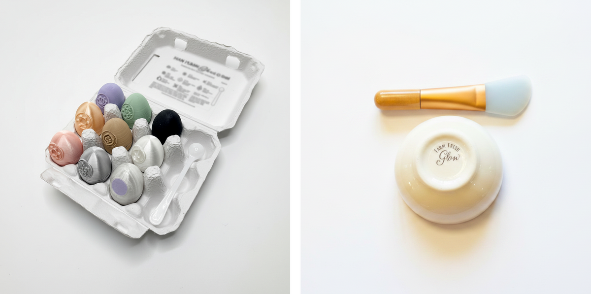 a set of colorful miniature eggs in egg carton next to a small bowl and skin care spatula