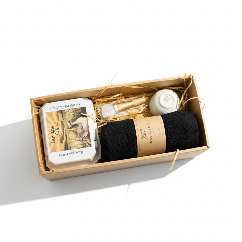 Gift set with black towel, a quail egg carton, bowl, and spatula in a box on a white background